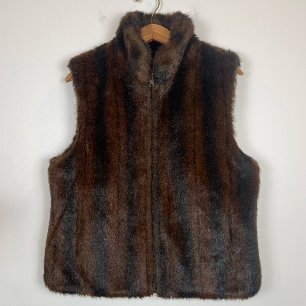 Vintage Style Brown Faux Fur Zip Vest Sleeveless Jacket Soft Luxe